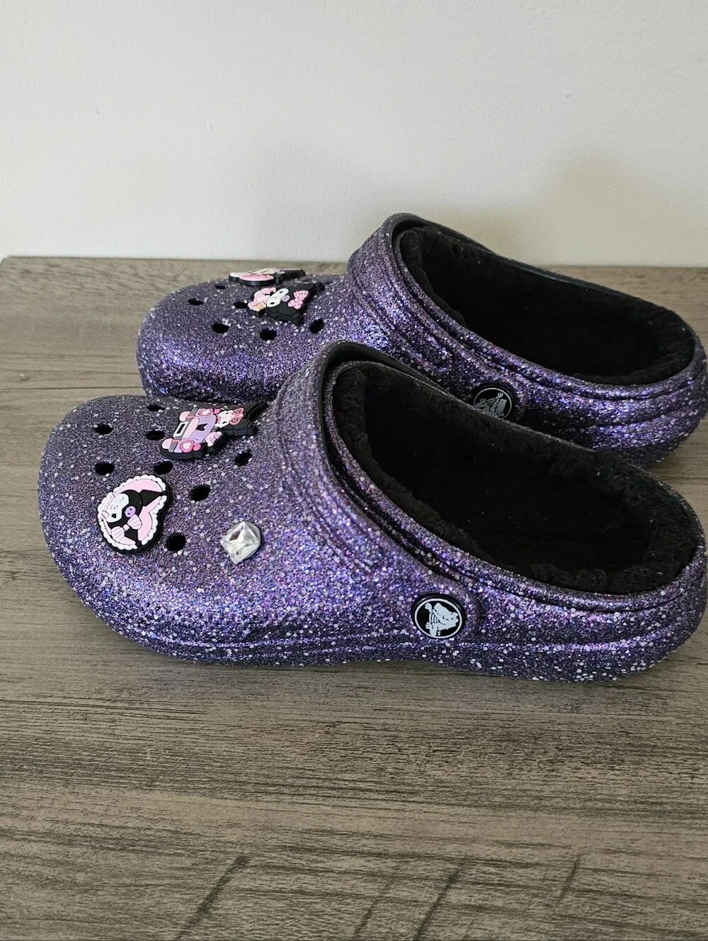 Crocs Classic Purple Space Glitter Plush Lined Clog Girl J1 Sandal Kuromi Charms